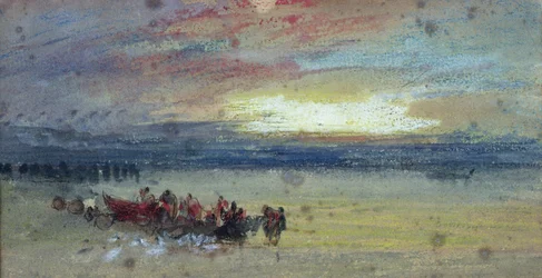 Scène de rivage, coucher de soleil